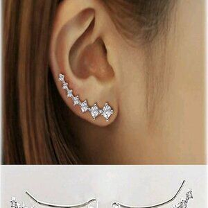 Cubic Zirconia Stud Cuffed Pierced Silver Earrings